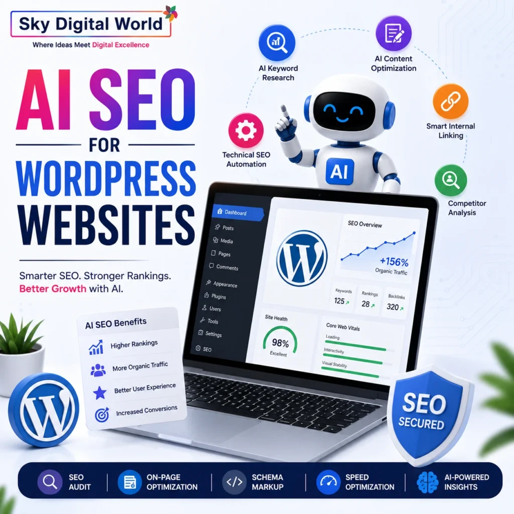 Professional AI SEO illustration showing a WordPress dashboard, AI assistant robot, SEO analytics, keyword optimization, and technical SEO tools for WordPress websites.
