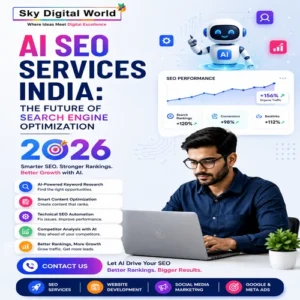 AI SEO expert working on a laptop with an AI assistant, SEO performance dashboard, and analytics illustrating the future of AI-powered search engine optimization in India.