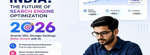 AI SEO expert working on a laptop with an AI assistant, SEO performance dashboard, and analytics illustrating the future of AI-powered search engine optimization in India.