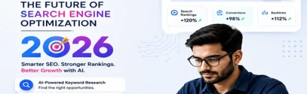 AI SEO expert working on a laptop with an AI assistant, SEO performance dashboard, and analytics illustrating the future of AI-powered search engine optimization in India.