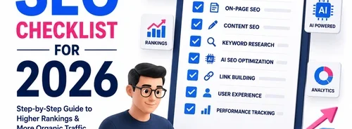 The Ultimate SEO Checklist for 2026 featuring SEO strategy checklist, technical SEO, AI optimization, keyword research, website ranking, and organic traffic growth.