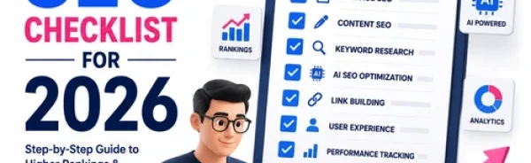 The Ultimate SEO Checklist for 2026 featuring SEO strategy checklist, technical SEO, AI optimization, keyword research, website ranking, and organic traffic growth.