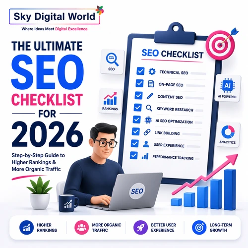 The Ultimate SEO Checklist for 2026 featuring SEO strategy checklist, technical SEO, AI optimization, keyword research, website ranking, and organic traffic growth.