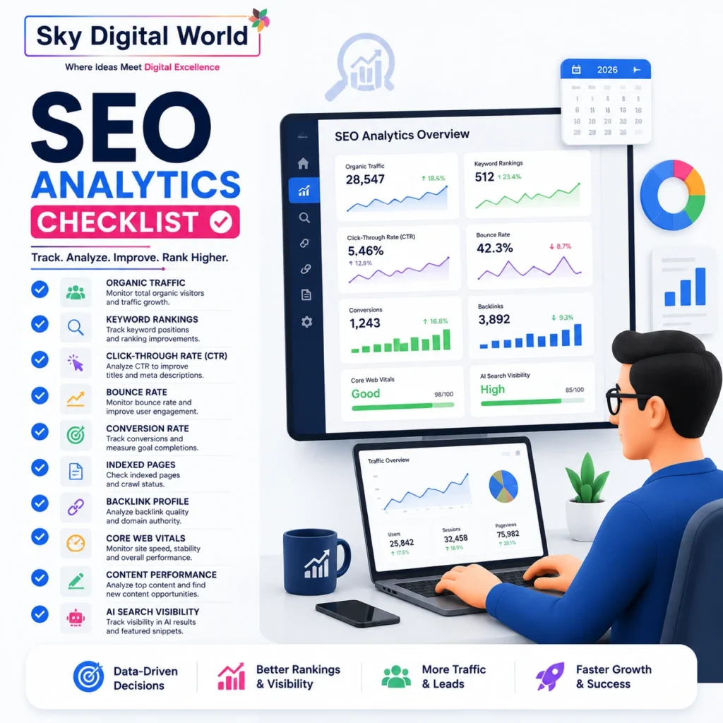 SEO Analytics Checklist showing website performance tracking, keyword rankings, organic traffic, conversions, backlinks, Core Web Vitals, and AI search visibility.