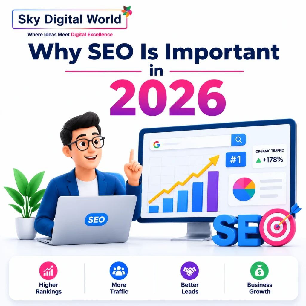 Why SEO is important in 2026 showing SEO analytics, Google ranking growth, website traffic improvement, and digital marketing success.