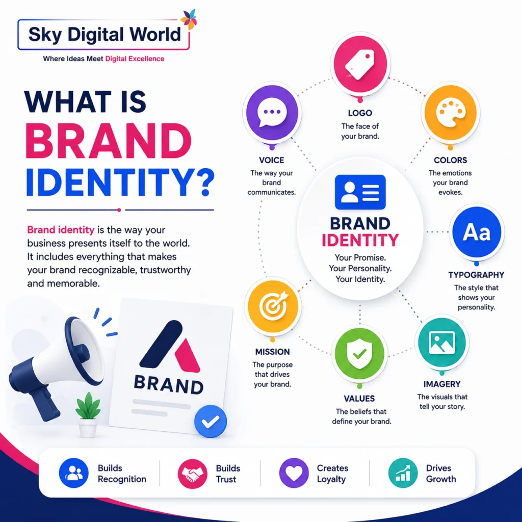 Modern infographic explaining brand identity with logo, colors, typography, values, voice, imagery, and mission for business branding.
