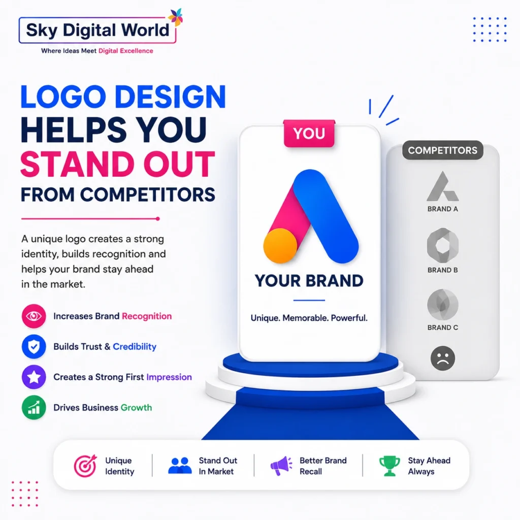 Logo design helps businesses stand out from competitors by creating unique brand identity, recognition, trust, and market presence.