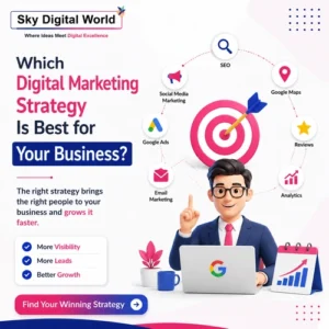 Digital marketing strategy illustration showing SEO, Google Ads, Social Media Marketing, Analytics, Reviews, and lead generation for business growth.