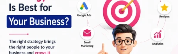 Digital marketing strategy illustration showing SEO, Google Ads, Social Media Marketing, Analytics, Reviews, and lead generation for business growth.