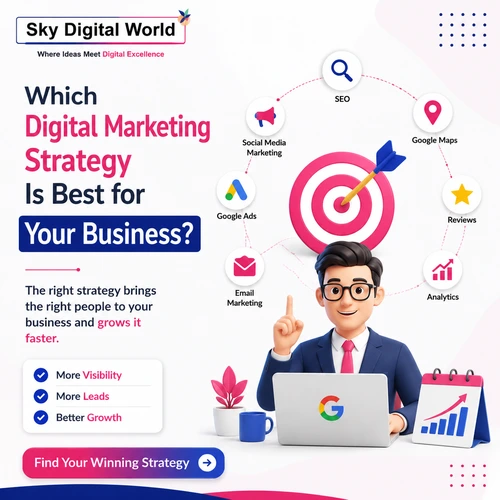 Digital marketing strategy illustration showing SEO, Google Ads, Social Media Marketing, Analytics, Reviews, and lead generation for business growth.