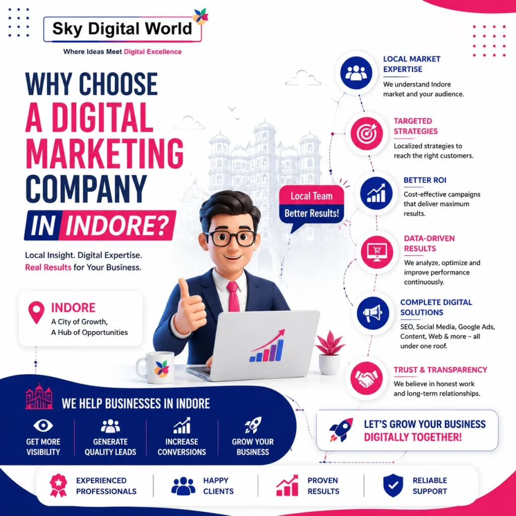 Professional digital marketing company in Indore illustration showing local expertise, SEO, social media marketing, Google Ads, lead generation, and business growth solutions.
