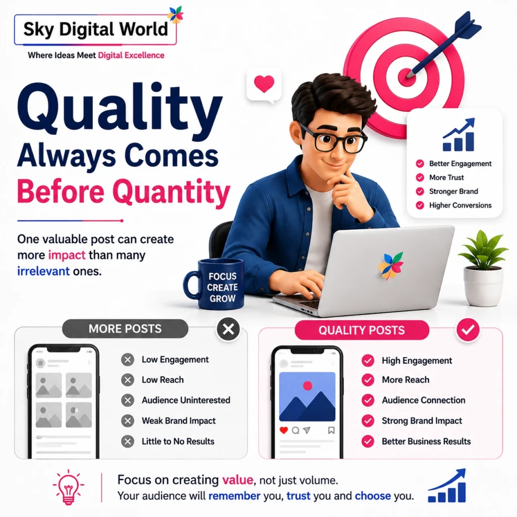 Professional digital marketing illustration showing that quality content performs better than frequent low-quality posts, featuring a business character, content strategy, engagement icons, and branding elements.