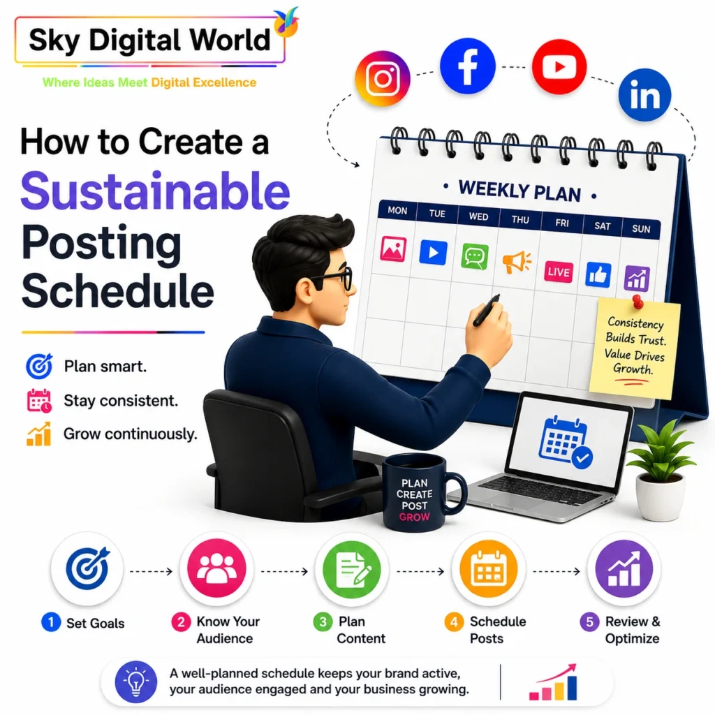 Professional social media content planning illustration showing a weekly posting calendar, business professional, and content scheduling workflow for consistent social media growth.