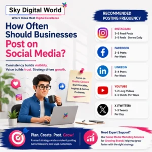 Professional social media marketing illustration showing a content calendar, business character, and recommended posting frequency for Instagram, Facebook, LinkedIn, YouTube, and X to help brands grow online.
