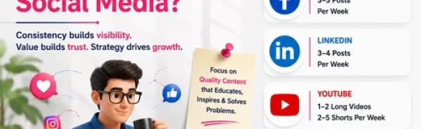 Professional social media marketing illustration showing a content calendar, business character, and recommended posting frequency for Instagram, Facebook, LinkedIn, YouTube, and X to help brands grow online.
