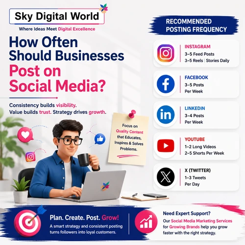 Professional social media marketing illustration showing a content calendar, business character, and recommended posting frequency for Instagram, Facebook, LinkedIn, YouTube, and X to help brands grow online.