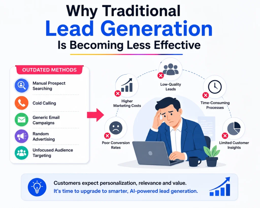 Illustration showing outdated lead generation methods, low-quality leads, manual prospecting, cold calling, and poor conversion rates compared with modern AI-powered marketing.