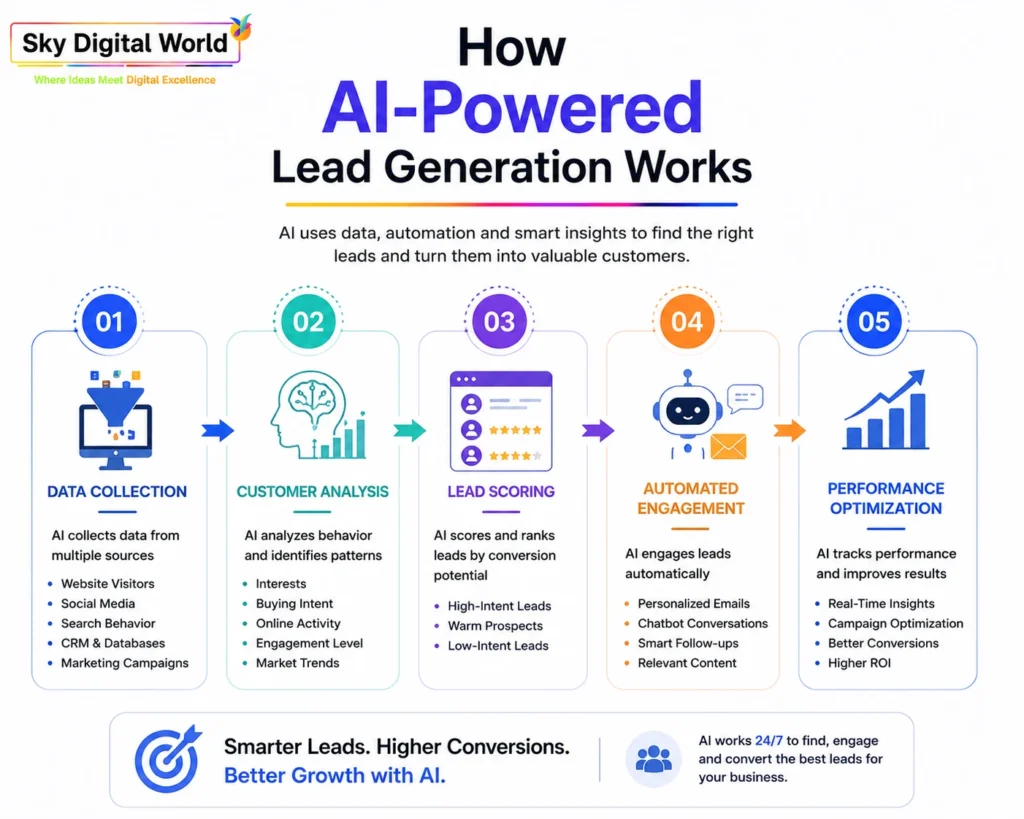 Infographic illustrating how AI-powered lead generation works through data collection, customer analysis, lead scoring, automated engagement, and performance optimization.