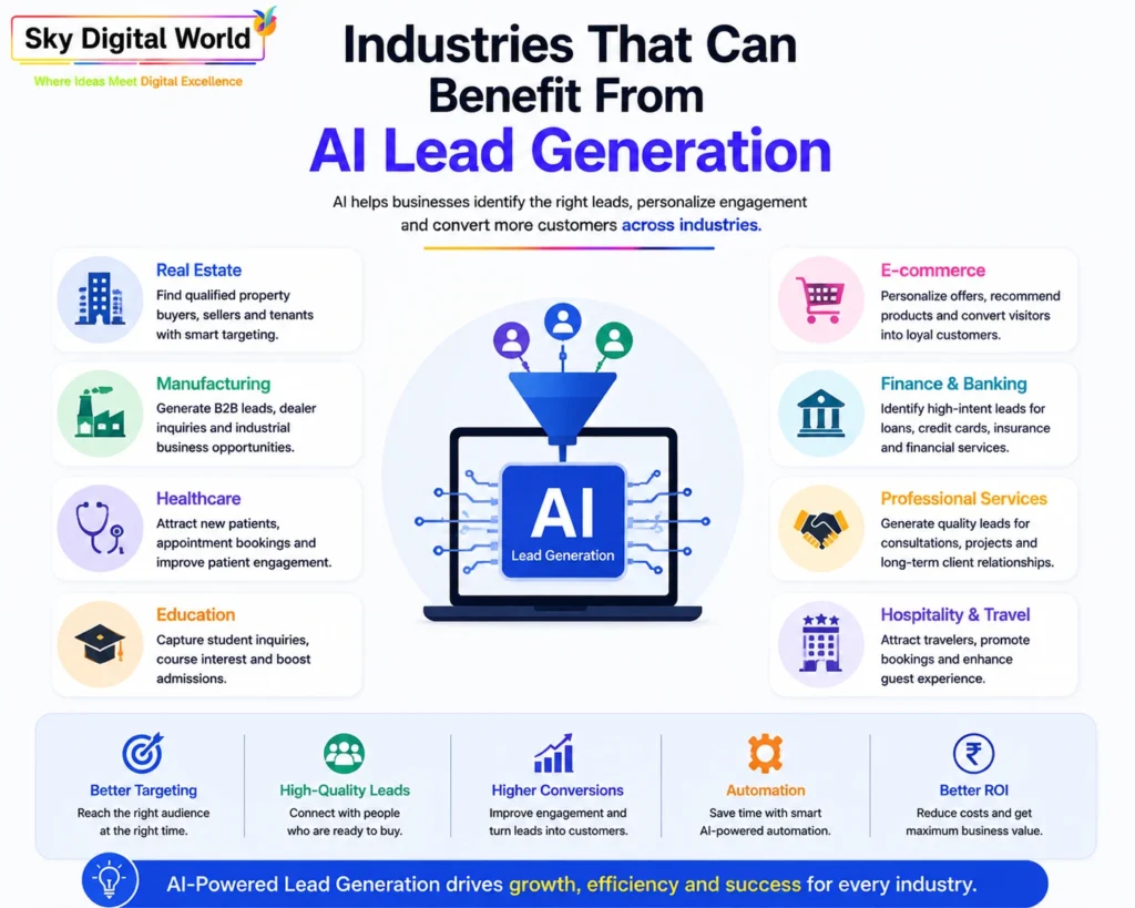 AI lead generation infographic showing industries like real estate, manufacturing, healthcare, education, e-commerce, finance, and professional services using artificial intelligence for customer acquisition and business growth.