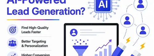 AI-powered lead generation infographic showing artificial intelligence, automated marketing, customer targeting, and business growth solutions for generating high-quality leads.