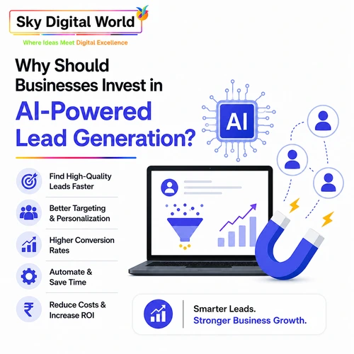 AI-powered lead generation infographic showing artificial intelligence, automated marketing, customer targeting, and business growth solutions for generating high-quality leads.