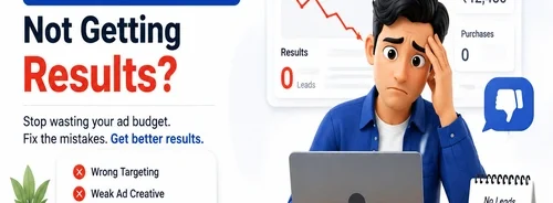 Professional illustration showing a business owner struggling with poor Facebook Ads performance, low conversions, and ineffective Meta advertising campaigns.