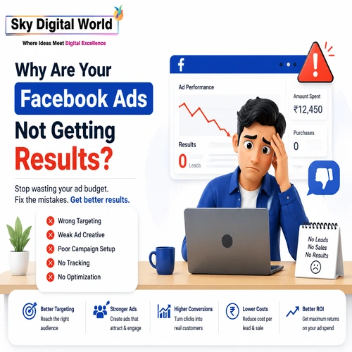 Professional illustration showing a business owner struggling with poor Facebook Ads performance, low conversions, and ineffective Meta advertising campaigns.