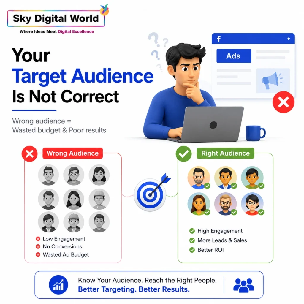 Facebook Ads targeting illustration showing wrong audience selection, wasted advertising budget, and the importance of reaching the right target audience for better conversions.