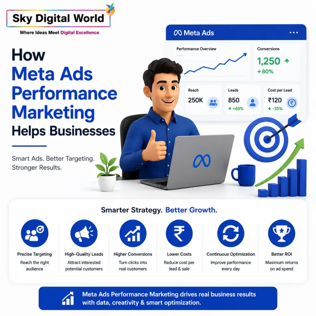 Meta Ads Performance Marketing illustration showing business growth, targeted advertising, lead generation, conversions, and ROI improvement through Facebook and Instagram ads.