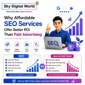 Professional infographic comparing Affordable SEO Services in India with paid advertising, highlighting long-term organic growth, better ROI, higher Google rankings, and sustainable business success.