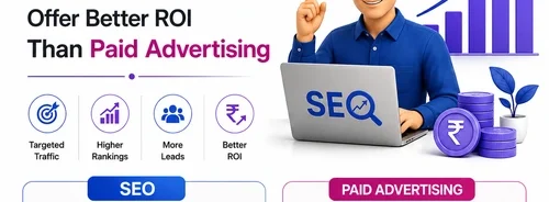 Professional infographic comparing Affordable SEO Services in India with paid advertising, highlighting long-term organic growth, better ROI, higher Google rankings, and sustainable business success.