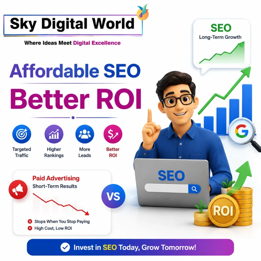 Affordable SEO services illustration showing organic search growth, higher rankings, better ROI, and comparison between SEO and paid advertising strategies.