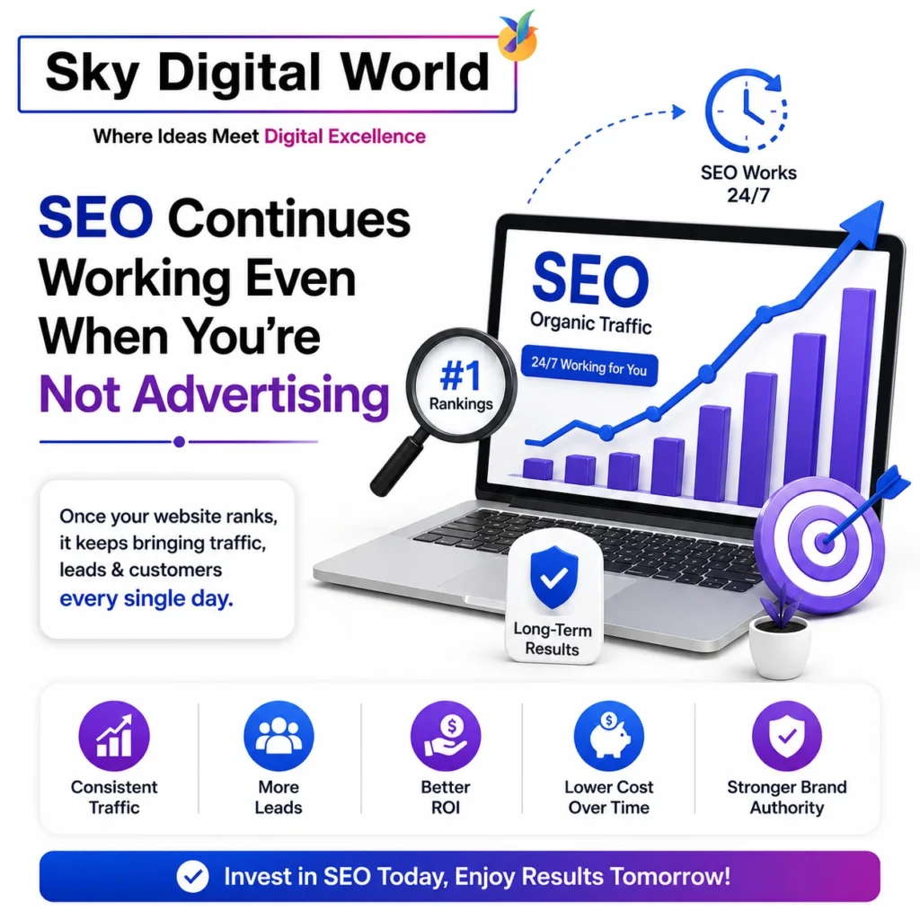 Professional SEO infographic showing continuous organic traffic growth, Google rankings, and long-term business results even without running paid advertising campaigns.
