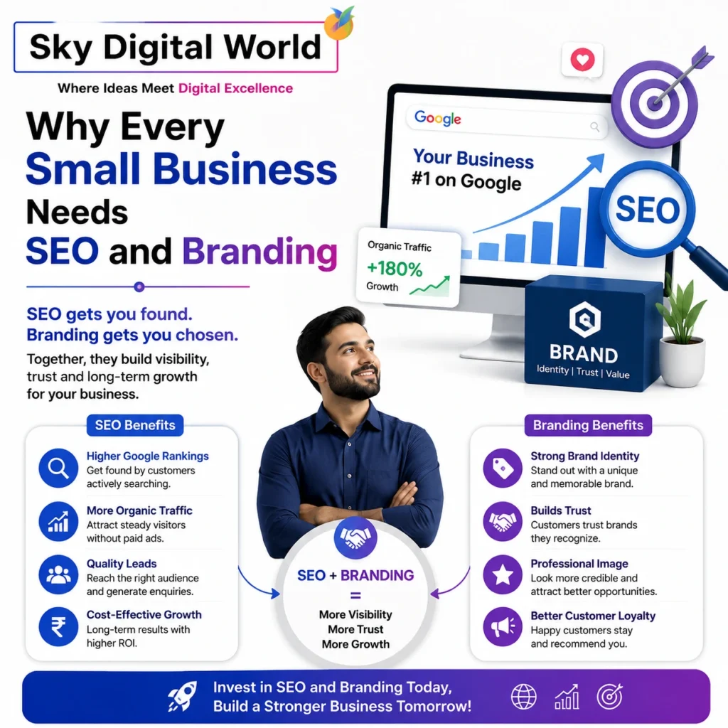 Professional illustration showing how SEO and branding help small businesses increase Google rankings, build brand trust, generate leads, and achieve long-term business growth.