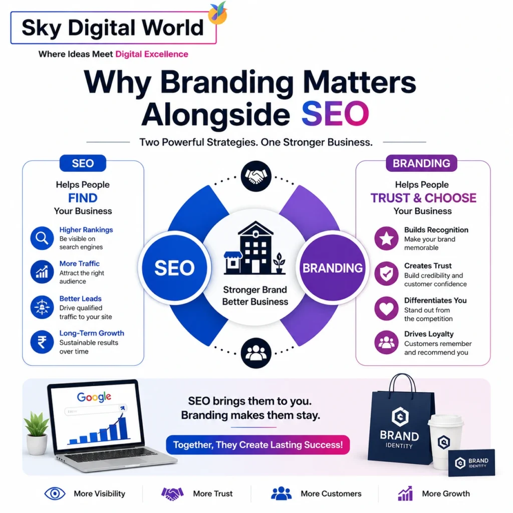 Professional illustration showing how SEO and branding work together to improve Google rankings, build customer trust, increase brand recognition, and drive long-term business growth.