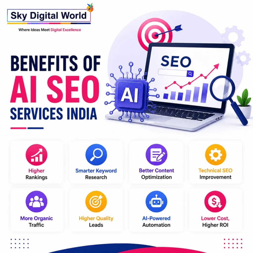 AI SEO Services India infographic showing benefits such as higher rankings, smarter keyword research, content optimization, technical SEO improvements, AI automation, and business growth.