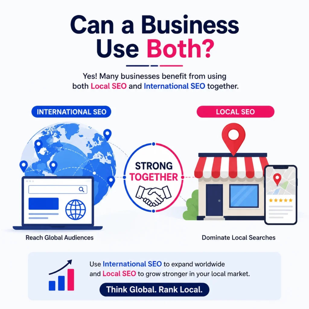 Illustration showing how businesses can use both International SEO and Local SEO together for global reach and local market growth.