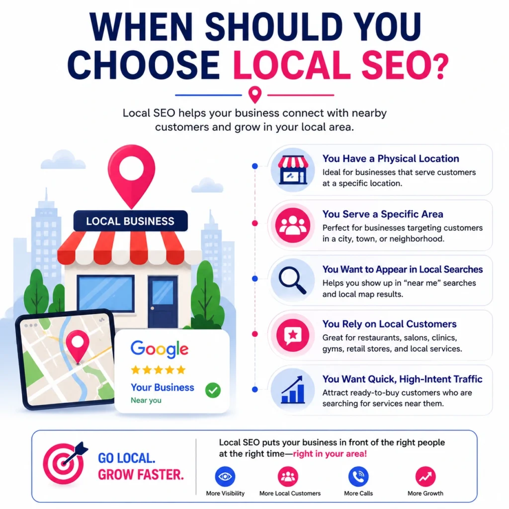 Local SEO illustration showing a local business, Google Business Profile, map location pin, local search optimization, and nearby customer targeting.