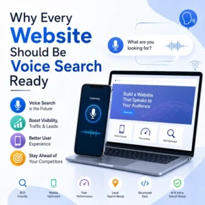 Modern illustration showing a website optimized for voice search with a smartphone, laptop, microphone icon, and AI-powered search interface representing Voice Search Optimization.