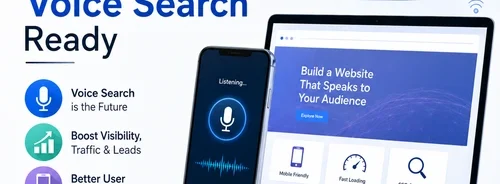 Modern illustration showing a website optimized for voice search with a smartphone, laptop, microphone icon, and AI-powered search interface representing Voice Search Optimization.