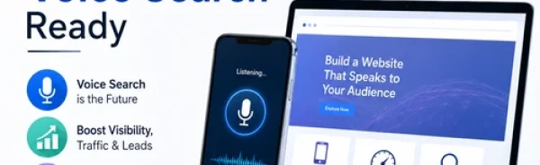 Modern illustration showing a website optimized for voice search with a smartphone, laptop, microphone icon, and AI-powered search interface representing Voice Search Optimization.