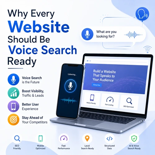 Modern illustration showing a website optimized for voice search with a smartphone, laptop, microphone icon, and AI-powered search interface representing Voice Search Optimization.