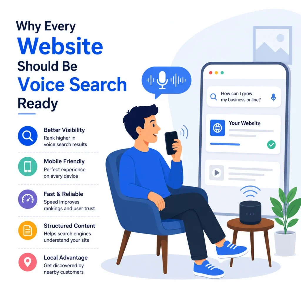 A modern flat illustration of a man using voice search on a smartphone while a website appears in voice search results, representing Voice Search Optimization and AI-powered SEO.