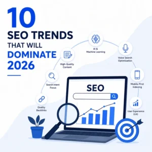 Modern SEO illustration showing a laptop with SEO analytics, AI icons, voice search, backlinks, and ranking growth representing the top SEO trends of 2026.