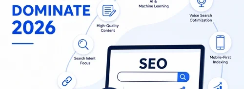 Modern SEO illustration showing a laptop with SEO analytics, AI icons, voice search, backlinks, and ranking growth representing the top SEO trends of 2026.