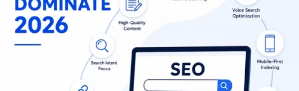 Modern SEO illustration showing a laptop with SEO analytics, AI icons, voice search, backlinks, and ranking growth representing the top SEO trends of 2026.