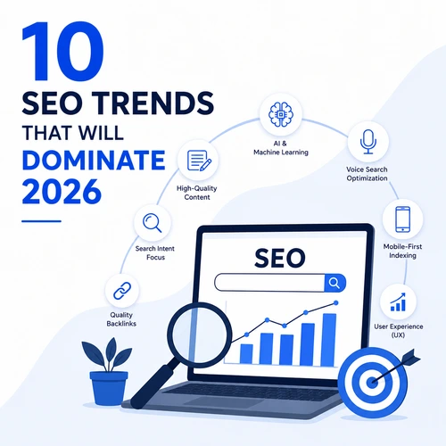 Modern SEO illustration showing a laptop with SEO analytics, AI icons, voice search, backlinks, and ranking growth representing the top SEO trends of 2026.