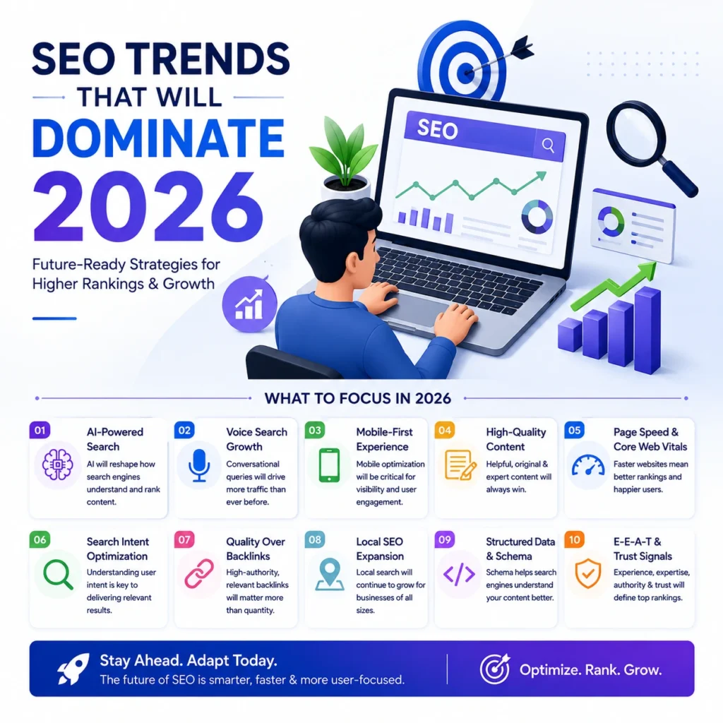 Modern illustration of a digital marketer analyzing SEO performance on a laptop with AI, analytics, mobile optimization, and search ranking icons representing SEO trends in 2026.
