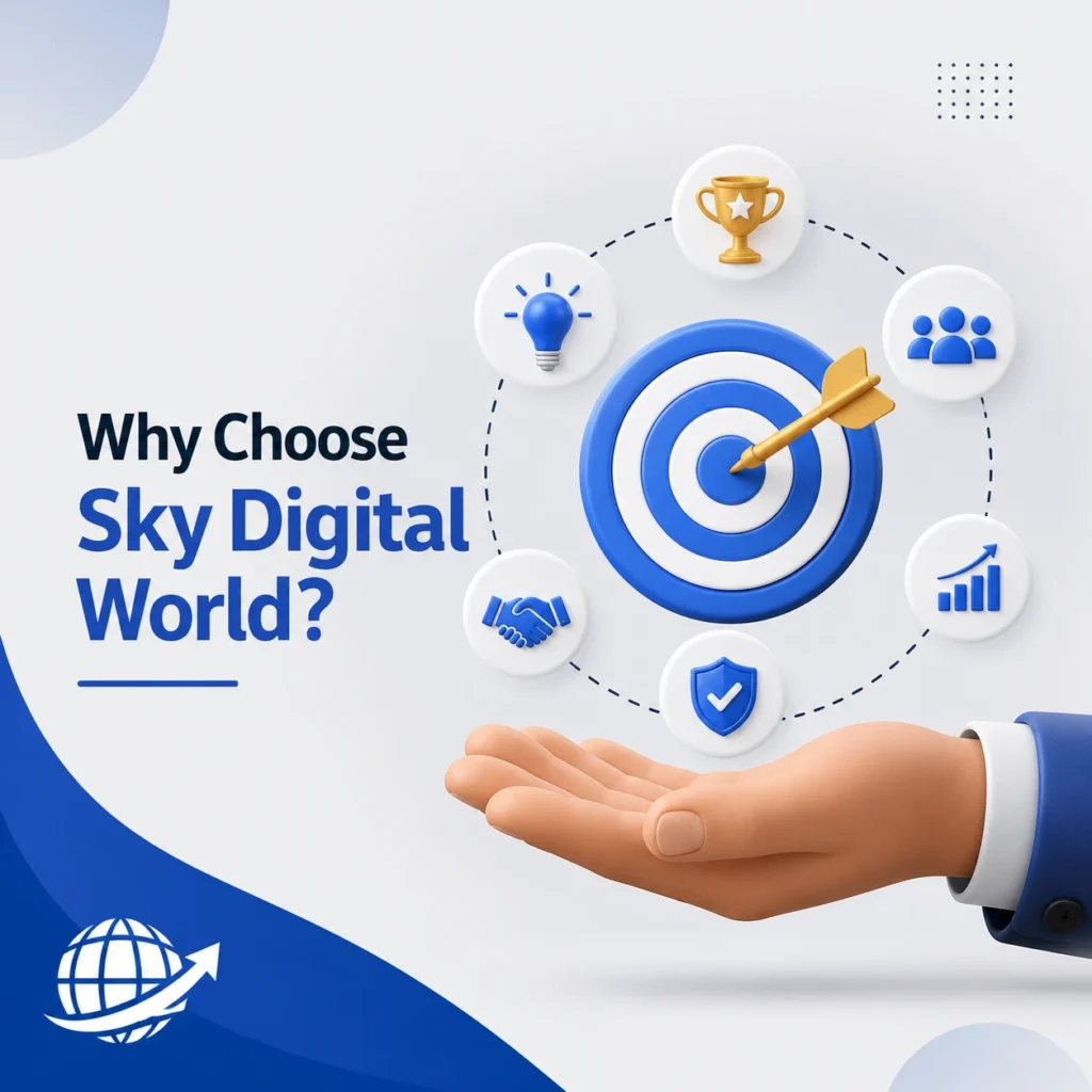 Modern digital marketing concept with target icon, business growth symbols, and strategic branding representing why businesses choose Sky Digital World.