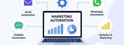 Modern illustration showing a laptop with marketing automation dashboard, email automation, WhatsApp automation, chatbot, analytics, workflow automation, and audience segmentation icons.